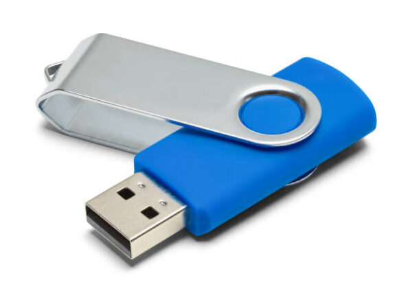 Blue USB Thumb Drive with Copy Space Isolated on White Background.
